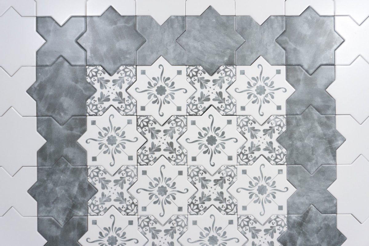 Wand-/ Bodenfliese Stern Dekor grau 13,6x13,6 - dieFliesen.com
